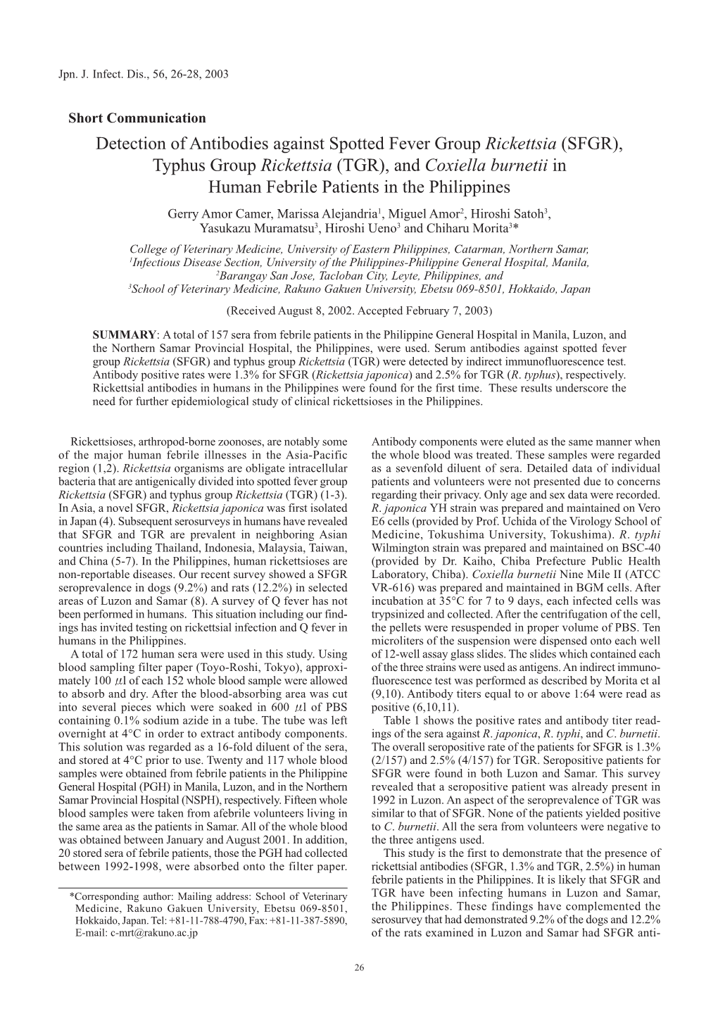 (SFGR), Typhus Group Rickettsia (TGR), and Coxiella Burnetii in H