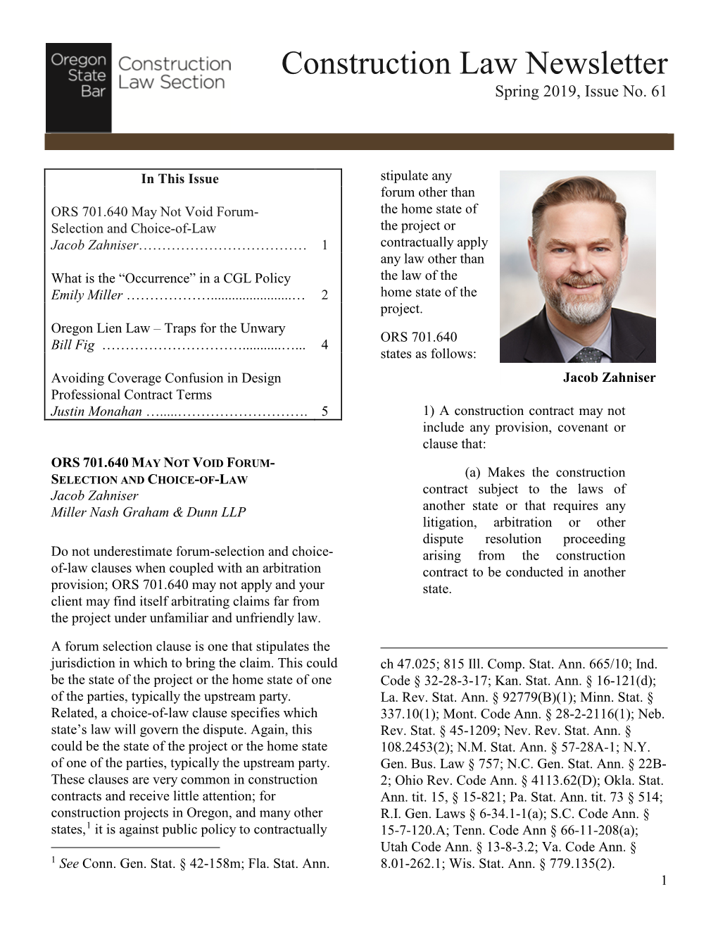 Construction Law Newsletter Spring 2019, Issue No