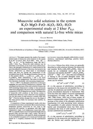 Muscovite Solid Solutions in the System K20-Mgo-Feo-A1203-Sio2-H20: an Experimental Study at 2 Kbar Ph2o and Comparison with Natural Li-Free White Micas