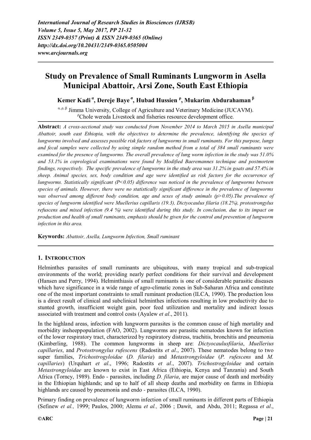 Study on Prevalence of Small Ruminants Lungworm in Asella Municipal Abattoir, Arsi Zone, South East Ethiopia