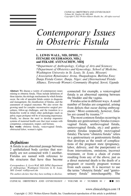 Contemporary Issues in Obstetric Fistula