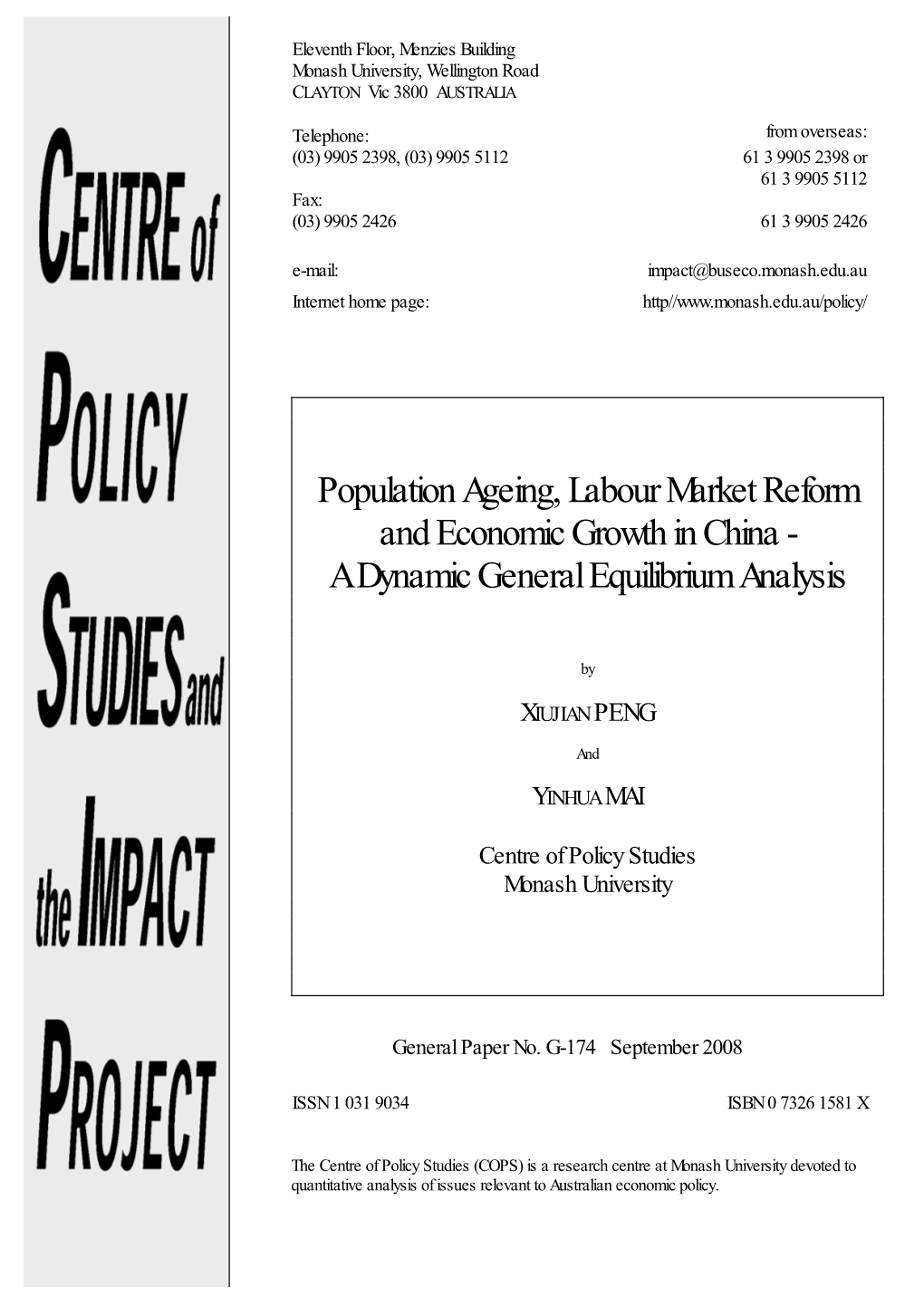 Population Ageing, Labour Market Reform and Economic Growth in China - a Dynamic General Equilibrium Analysis
