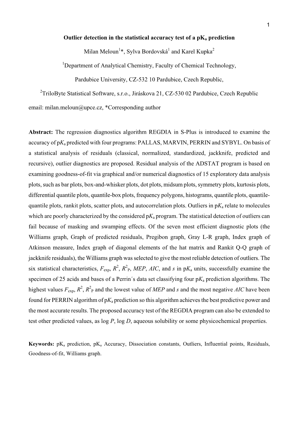 Outlier Detection in the Statistical Accuracy Test of a Pka Prediction