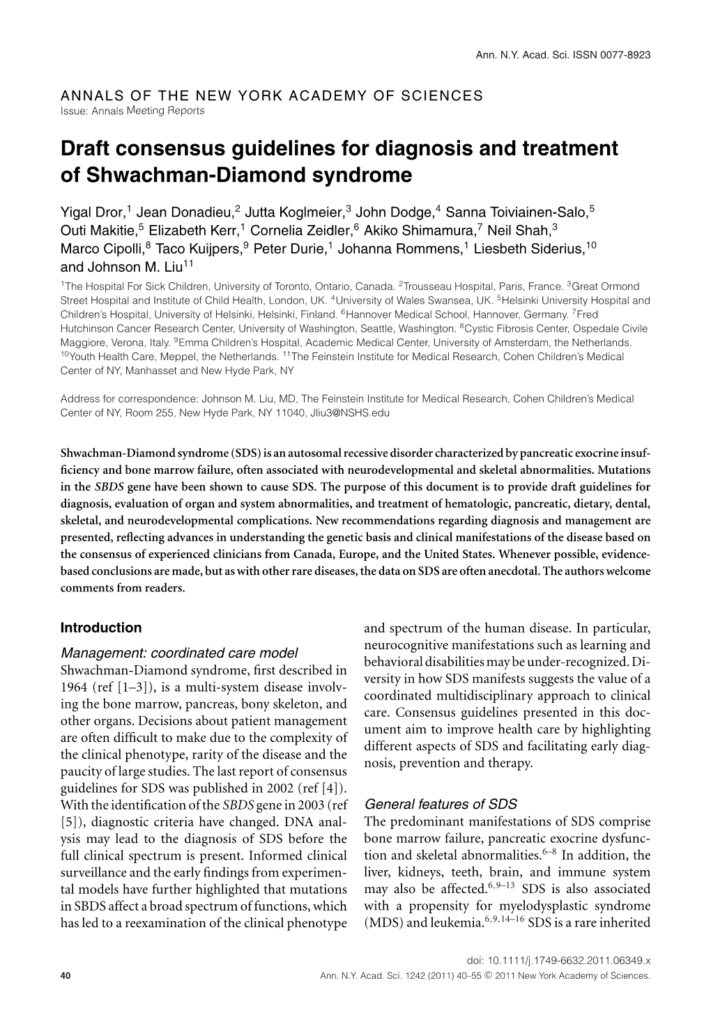 Consensus Guidelines for Diagnosis and Treatment of Shwachman-Diamond Syndrome