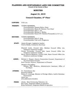 PLANNING and SUSTAINABLE LAND USE COMMITTEE MINUTES August 21, 2019 Council Chamber, 8Th Floor