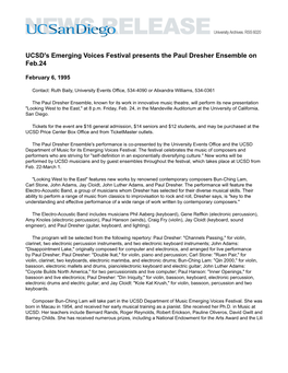 UCSD's Emerging Voices Festival Presents the Paul Dresher Ensemble on Feb.24