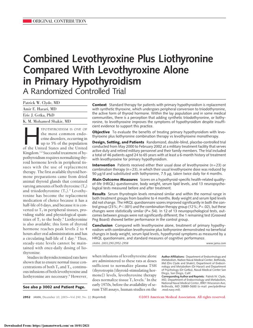 Combined Levothyroxine Plus Liothyronine Compared with Levothyroxine Alone in Primary Hypothyroidism a Randomized Controlled Trial
