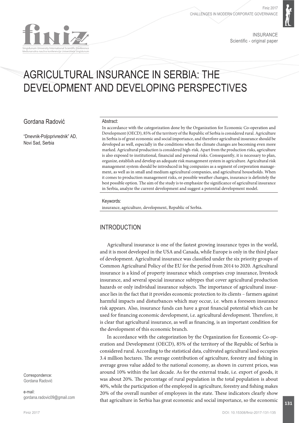 Agricultural Insurance in Serbia: the Development and Developing Perspectives