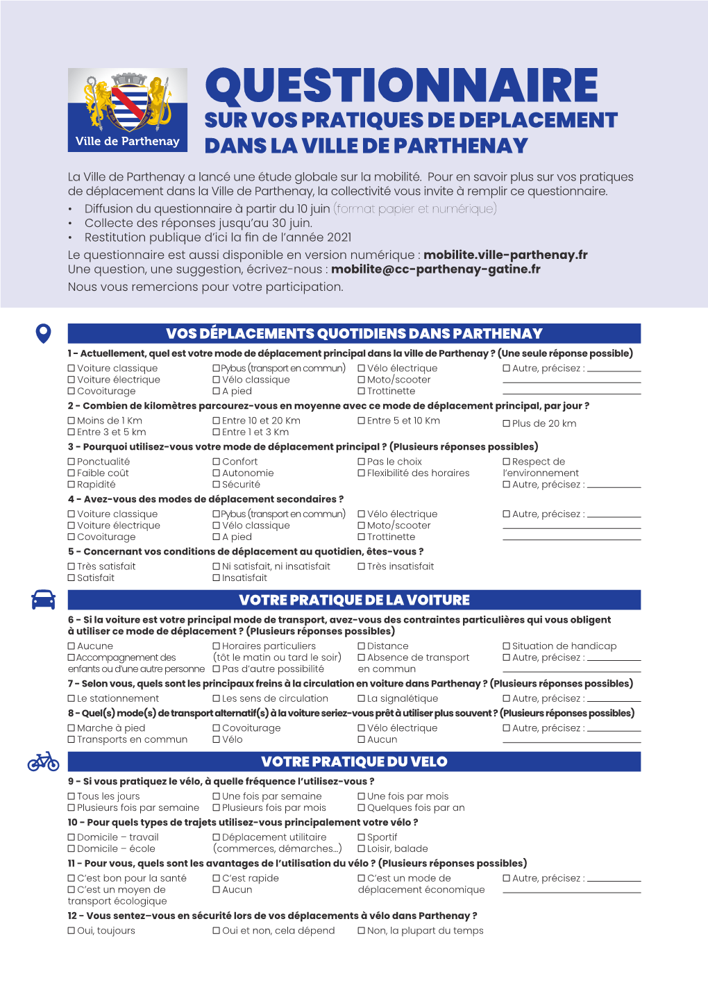 QUESTIONNAIRE VOS PRATIQUES DE DEPLACEMENT DANS LA VILLE DE PARTHENAY La Ville De Parthenay a Lancé Une Étude Globale Sur La Mobilité