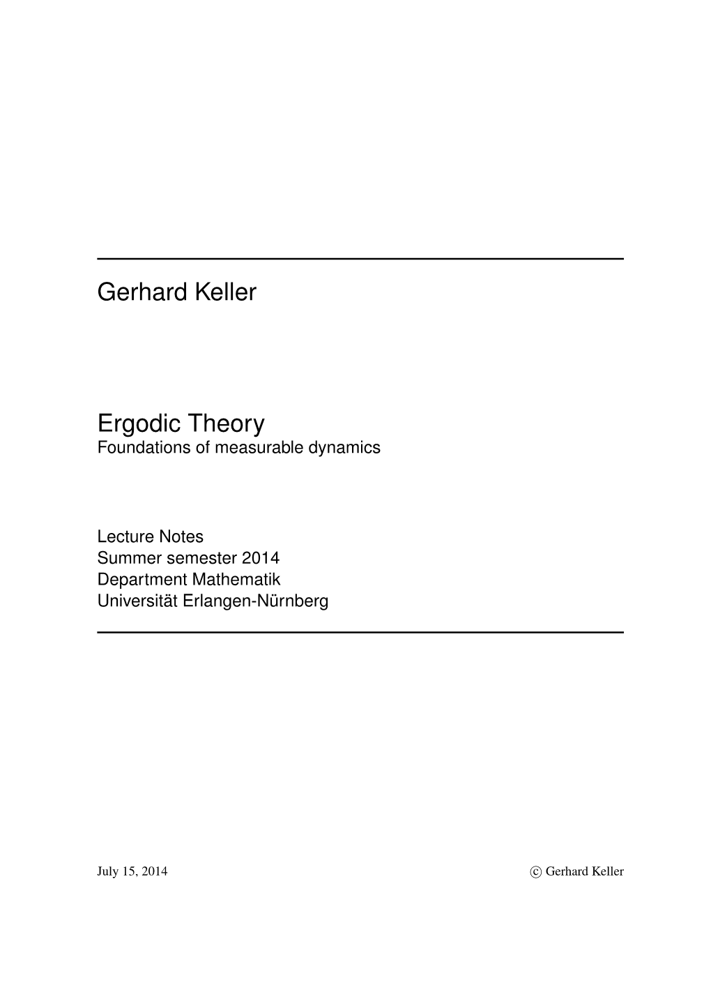 Gerhard Keller Ergodic Theory