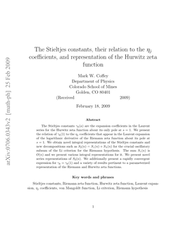 The Stieltjes Constants, Their Relation to the Ηj Coefficients, And