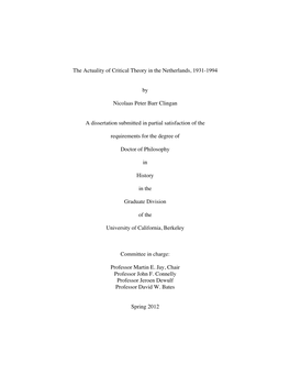 The Actuality of Critical Theory in the Netherlands, 1931-1994 By