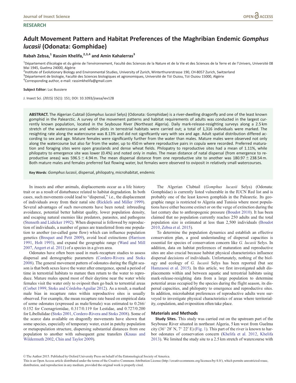 Adult Movement Pattern and Habitat Preferences Of