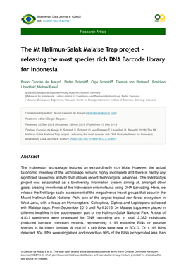 The Mt Halimun-Salak Malaise Trap Project - Releasing the Most Species Rich DNA Barcode Library for Indonesia