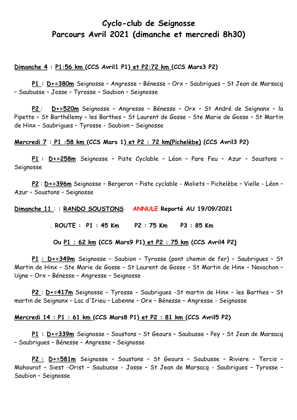 Cyclo-Club De Seignosse Parcours Avril 2021 (Dimanche Et Mercredi 8H30)