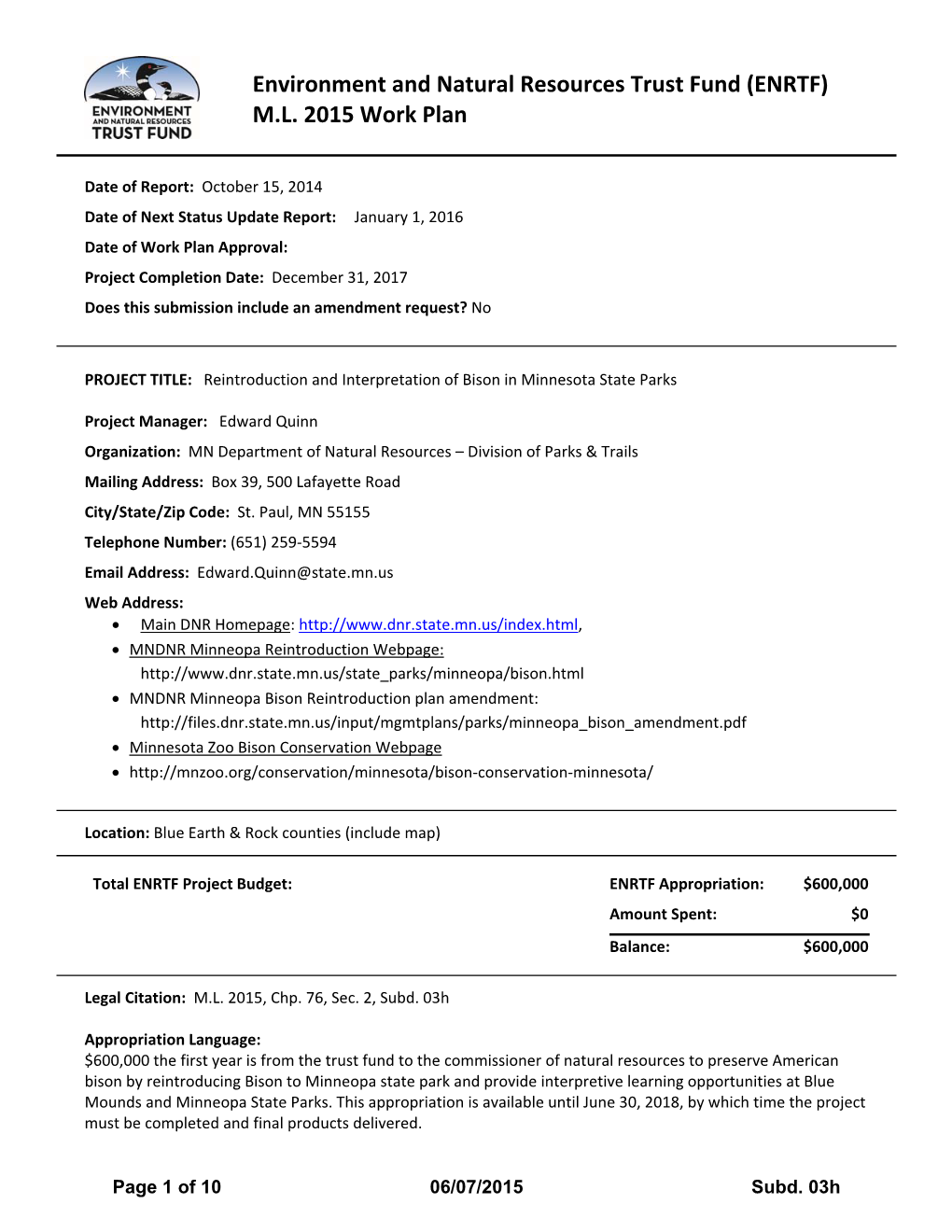 Environment and Natural Resources Trust Fund (ENRTF) M.L