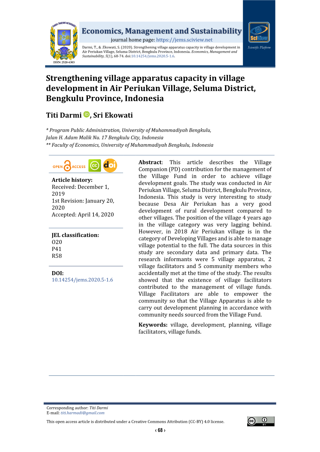 Strengthening Village Apparatus Capacity in Village Development in Scientific Platform Air Periukan Village, Seluma District, Bengkulu Province, Indonesia
