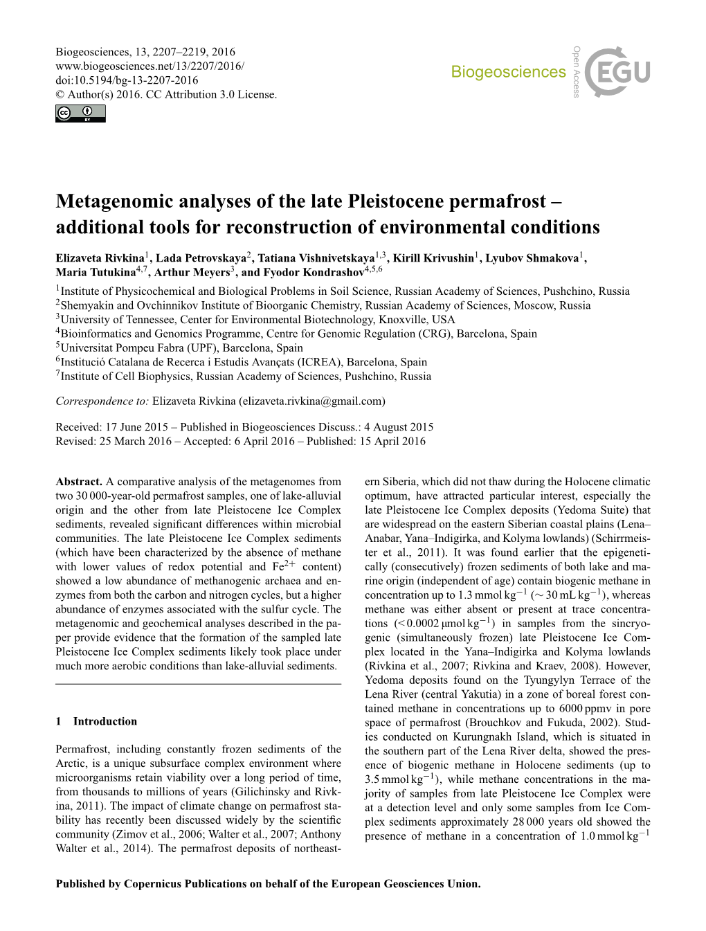 Metagenomic Analyses of the Late Pleistocene Permafrost – Additional Tools for Reconstruction of Environmental Conditions