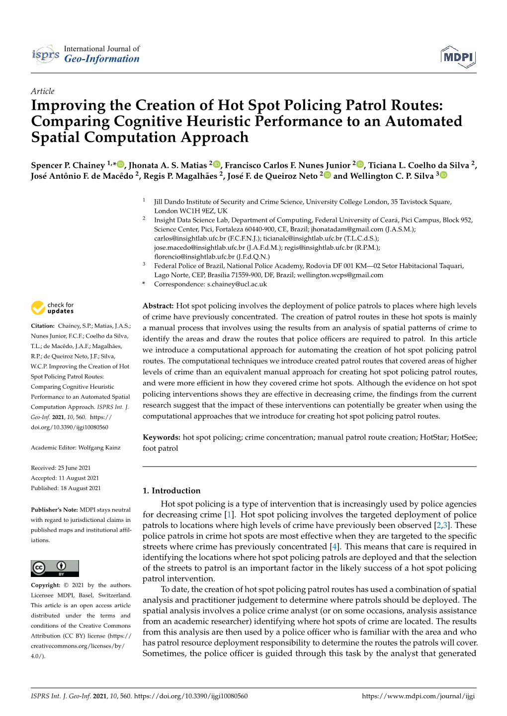 Improving the Creation of Hot Spot Policing Patrol Routes: Comparing Cognitive Heuristic Performance to an Automated Spatial Computation Approach