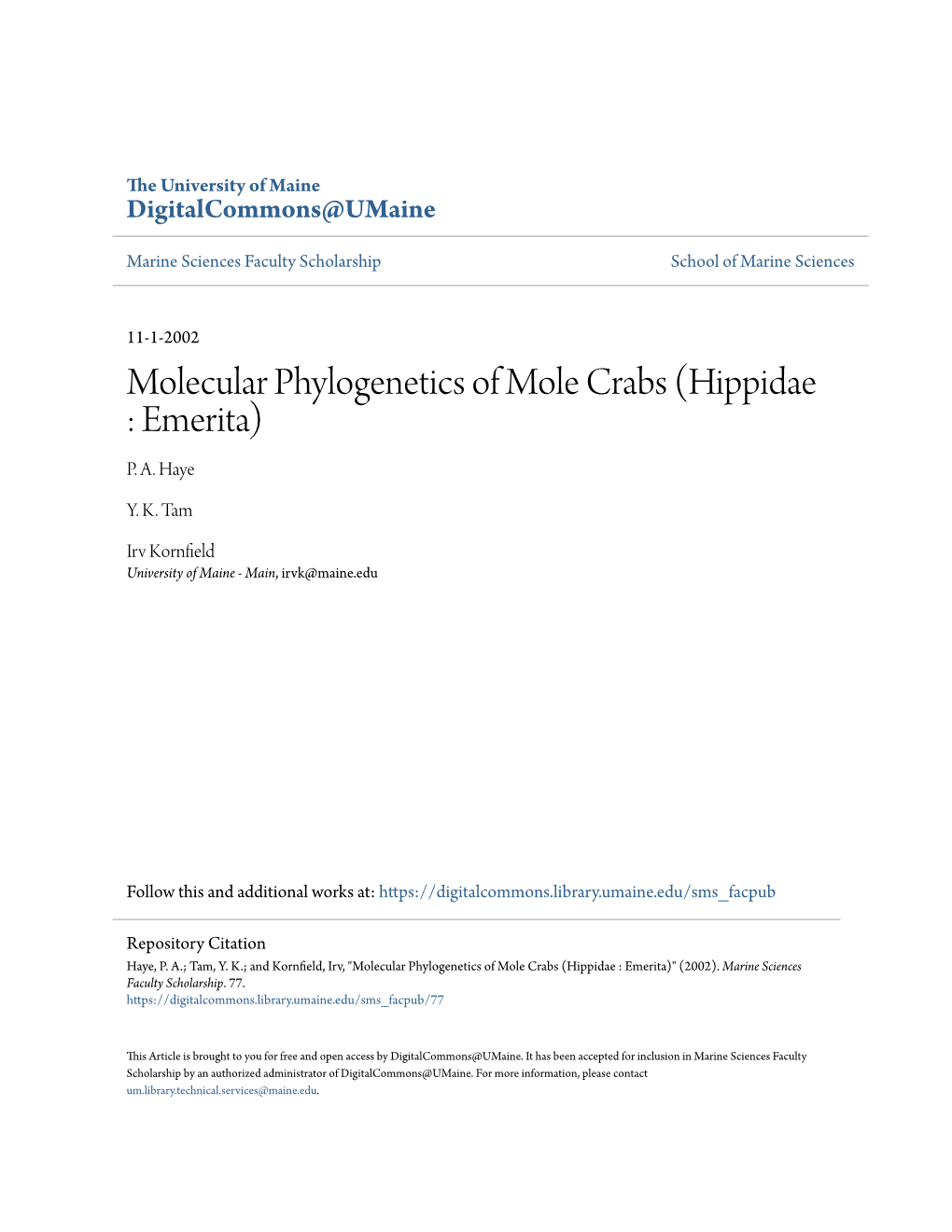 Molecular Phylogenetics of Mole Crabs (Hippidae : Emerita) P