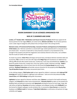 23 Uk Licensees Announced for Nick Jr.'S Shimmer and Shine