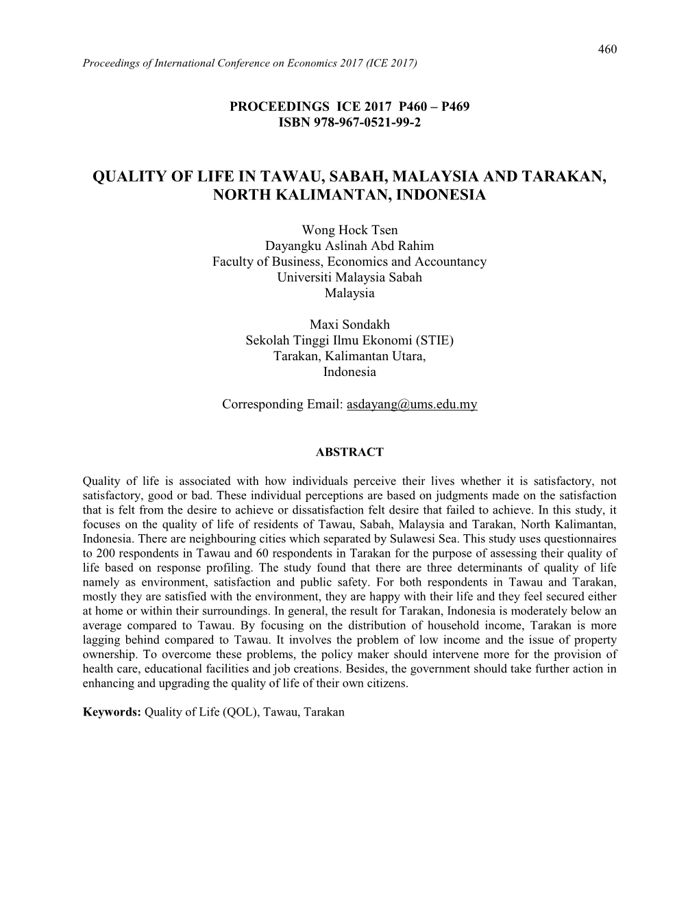 Quality of Life in Tawau, Sabah, Malaysia and Tarakan, North Kalimantan, Indonesia