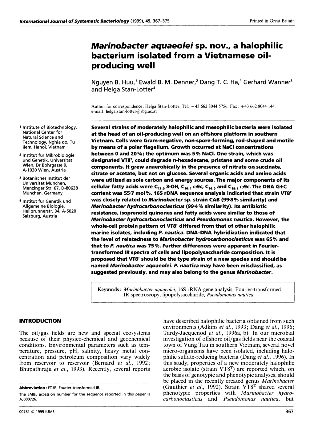 Marinobacter Aquaeolei Sp. Nov., a Halophilic Bacterium Isolated from a Vietnamese Oil- Producing Well