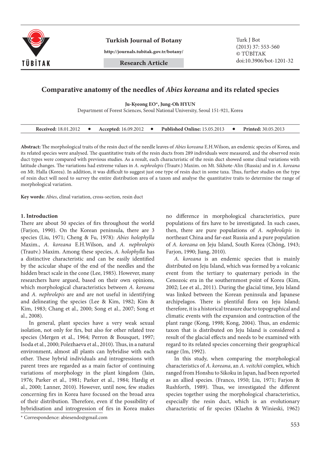 Comparative Anatomy of the Needles of Abies Koreana and Its Related Species