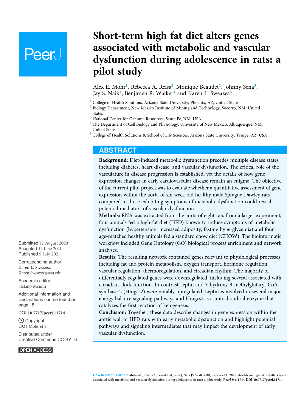 Short-Term High Fat Diet Alters Genes Associated with Metabolic and Vascular Dysfunction During Adolescence in Rats: a Pilot Study