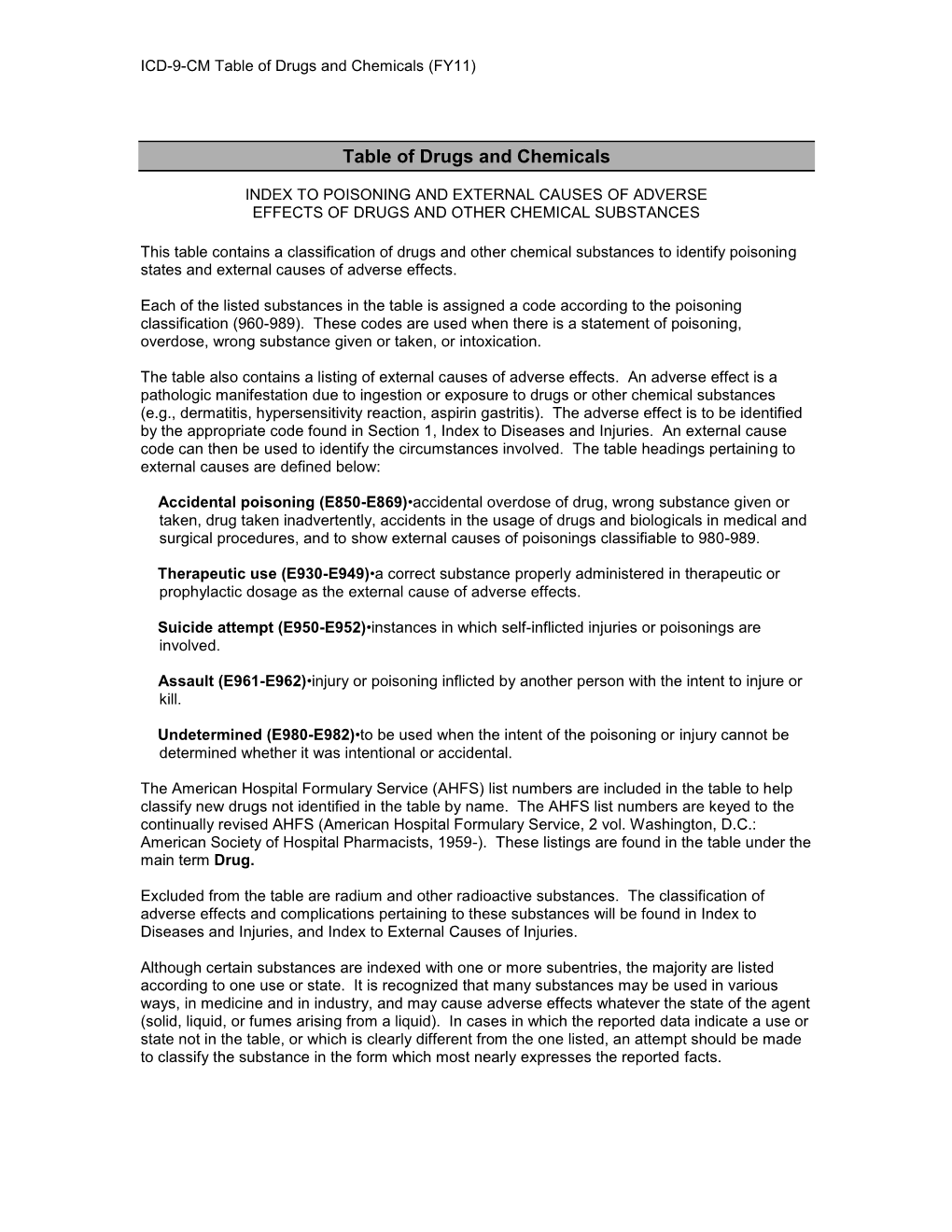 ICD-9-CM Table of Drugs and Chemicals (FY11)