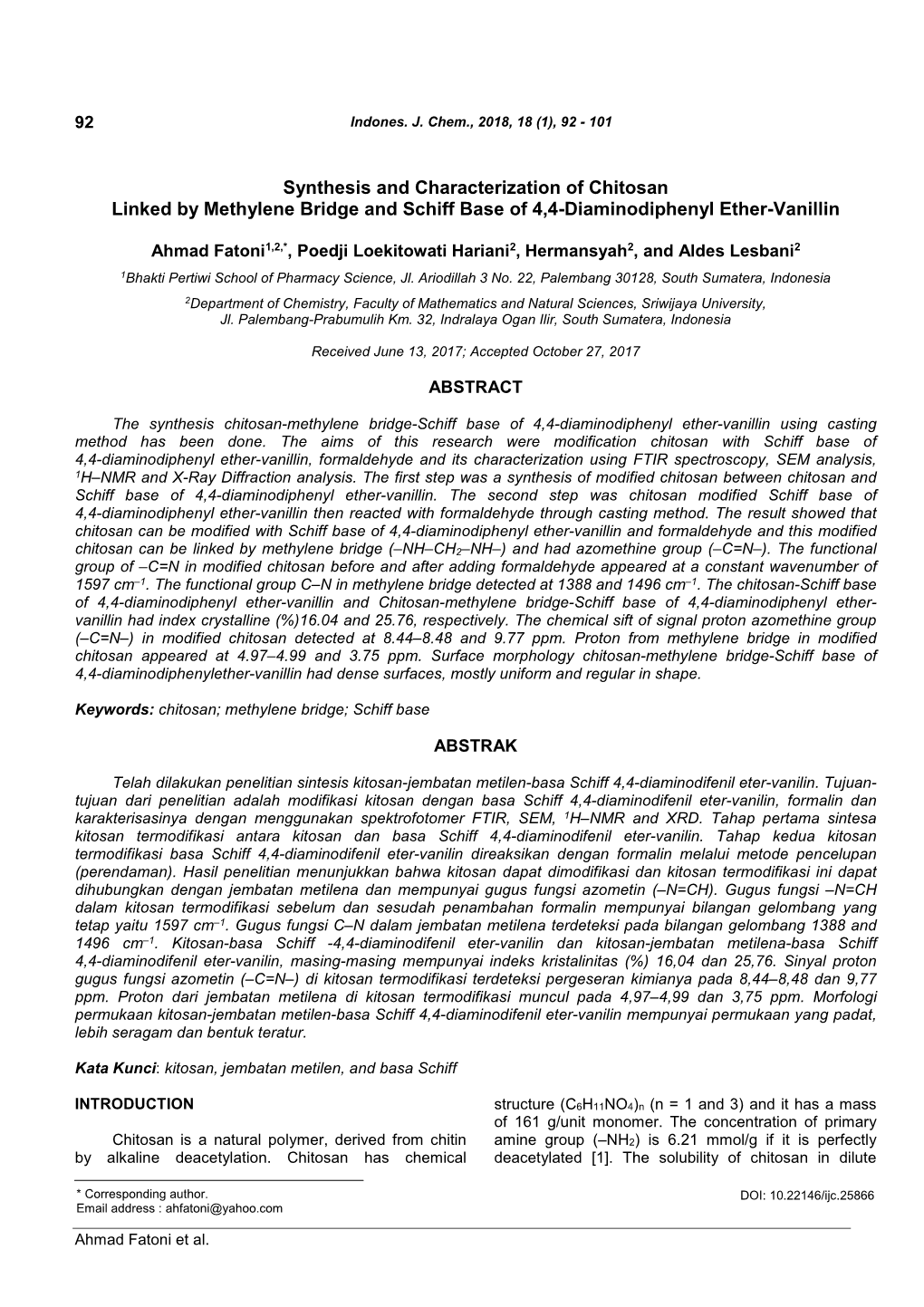 Synthesis and Characterization of Chitosan Linked by Methylene Bridge and Schiff Base of 4,4-Diaminodiphenyl Ether-Vanillin