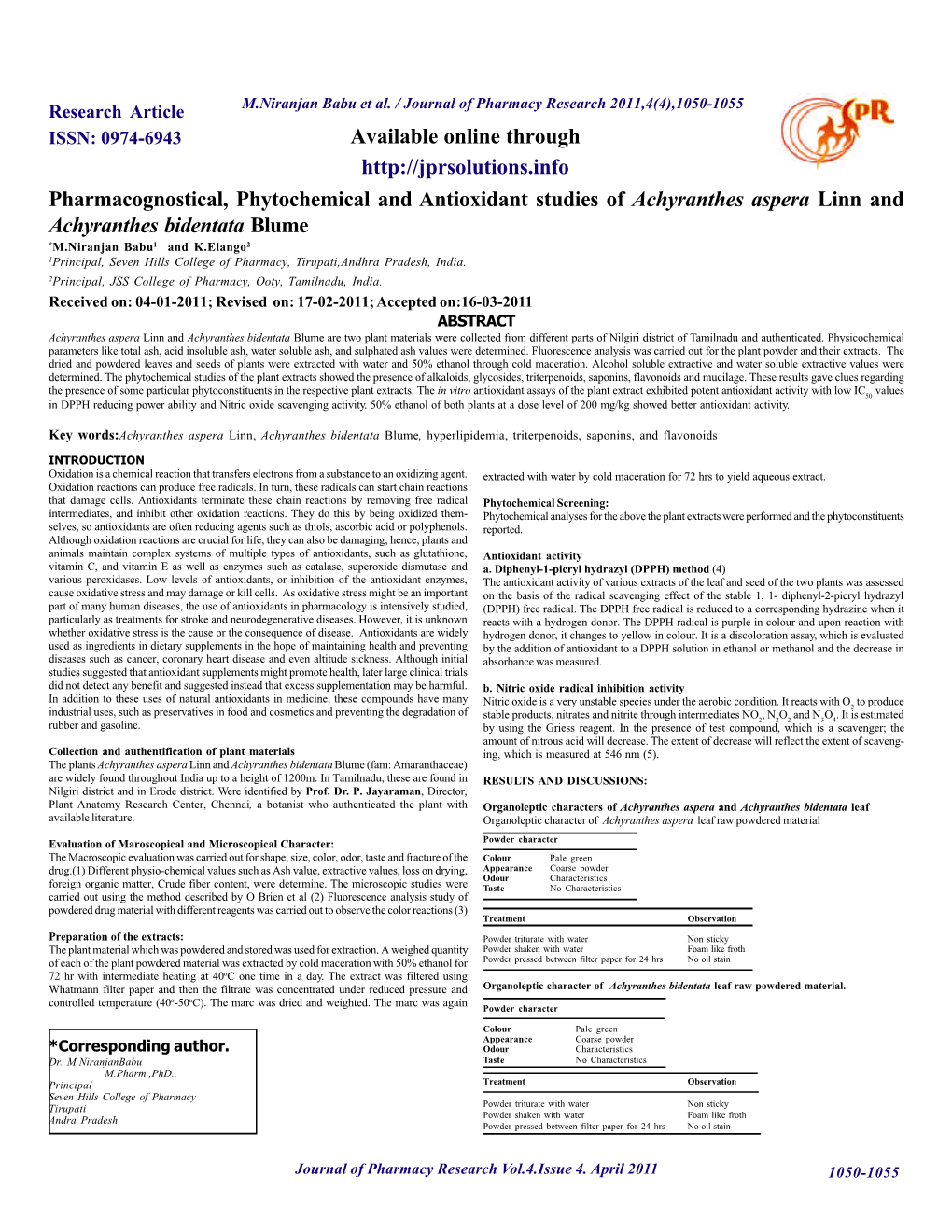 Pharmacognostical, Phytochemical and Antioxidant Studies Of