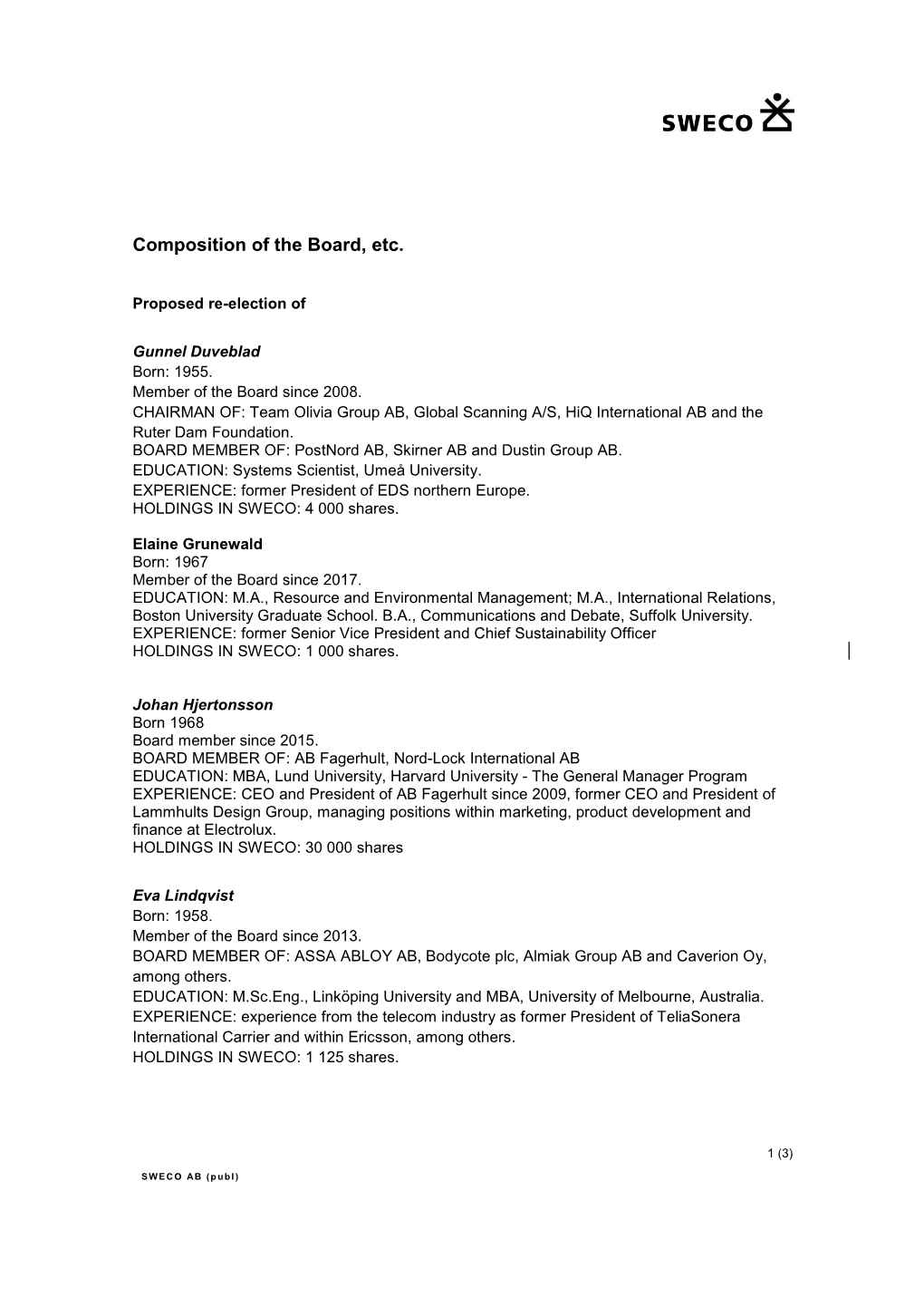 Item 12 – Amended Nomination Committee Composition of the Board 2018