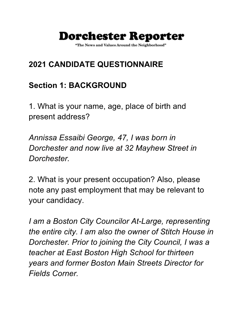 Annissa Essaibi George Dorchester Reporter Questionnaire 2021.Pdf