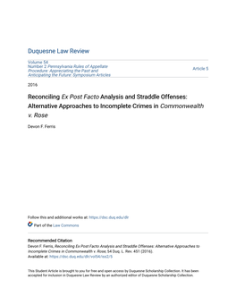 Reconciling Ex Post Facto Analysis and Straddle Offenses: Alternative Approaches to Incomplete Crimes in Commonwealth V