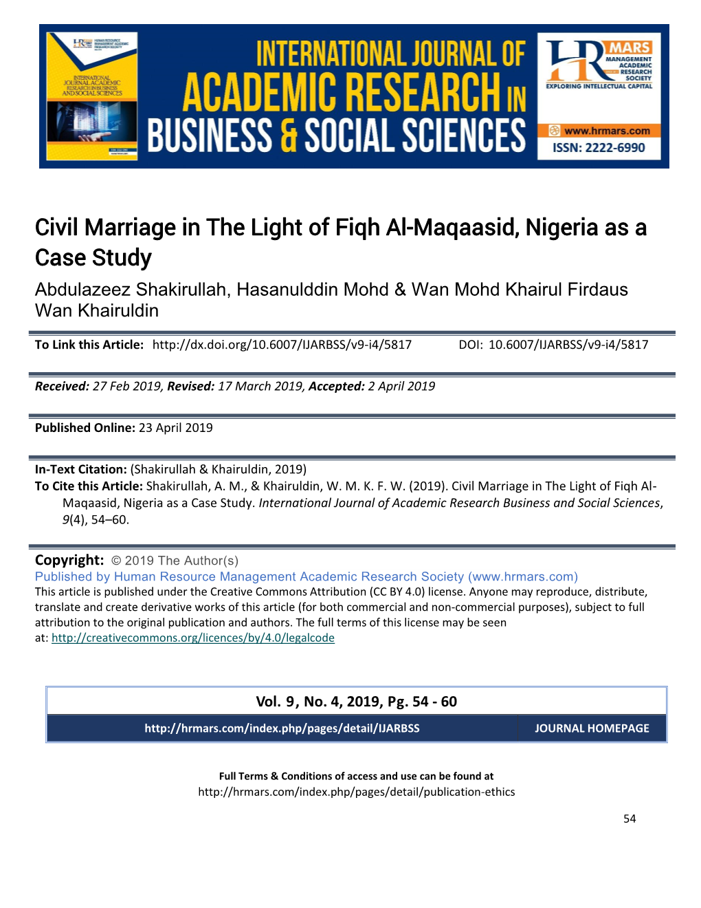 Civil Marriage in the Light of Fiqh Al-Maqaasid, Nigeria As a Case Study