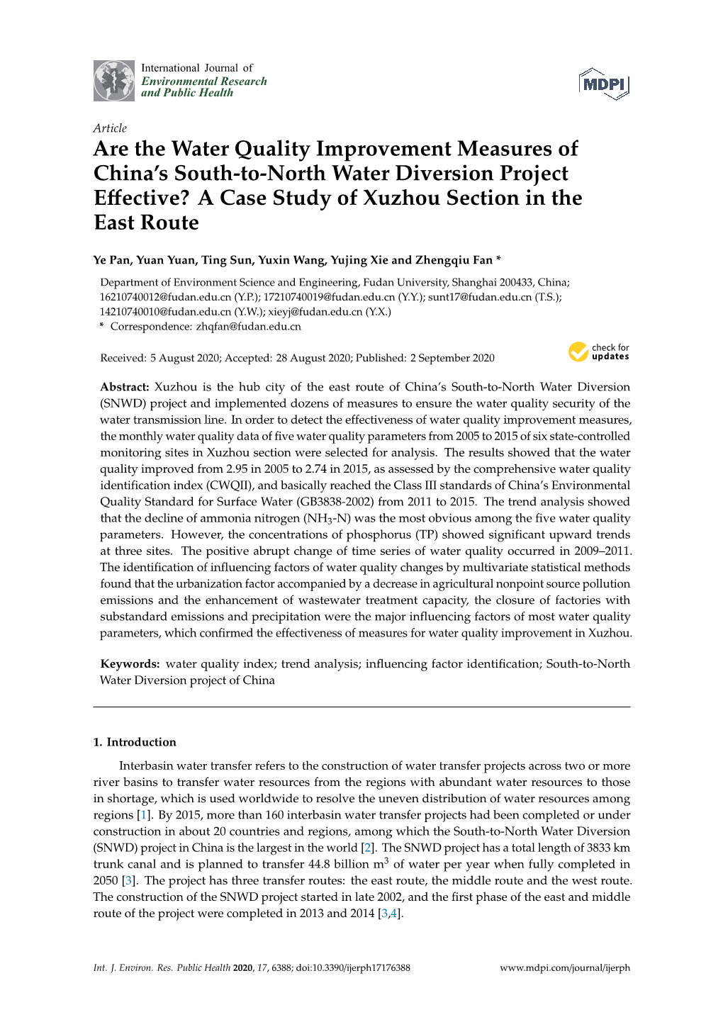 Are the Water Quality Improvement Measures of China's South-To-North Water Diversion Project Effective? a Case Study of Xuzhou