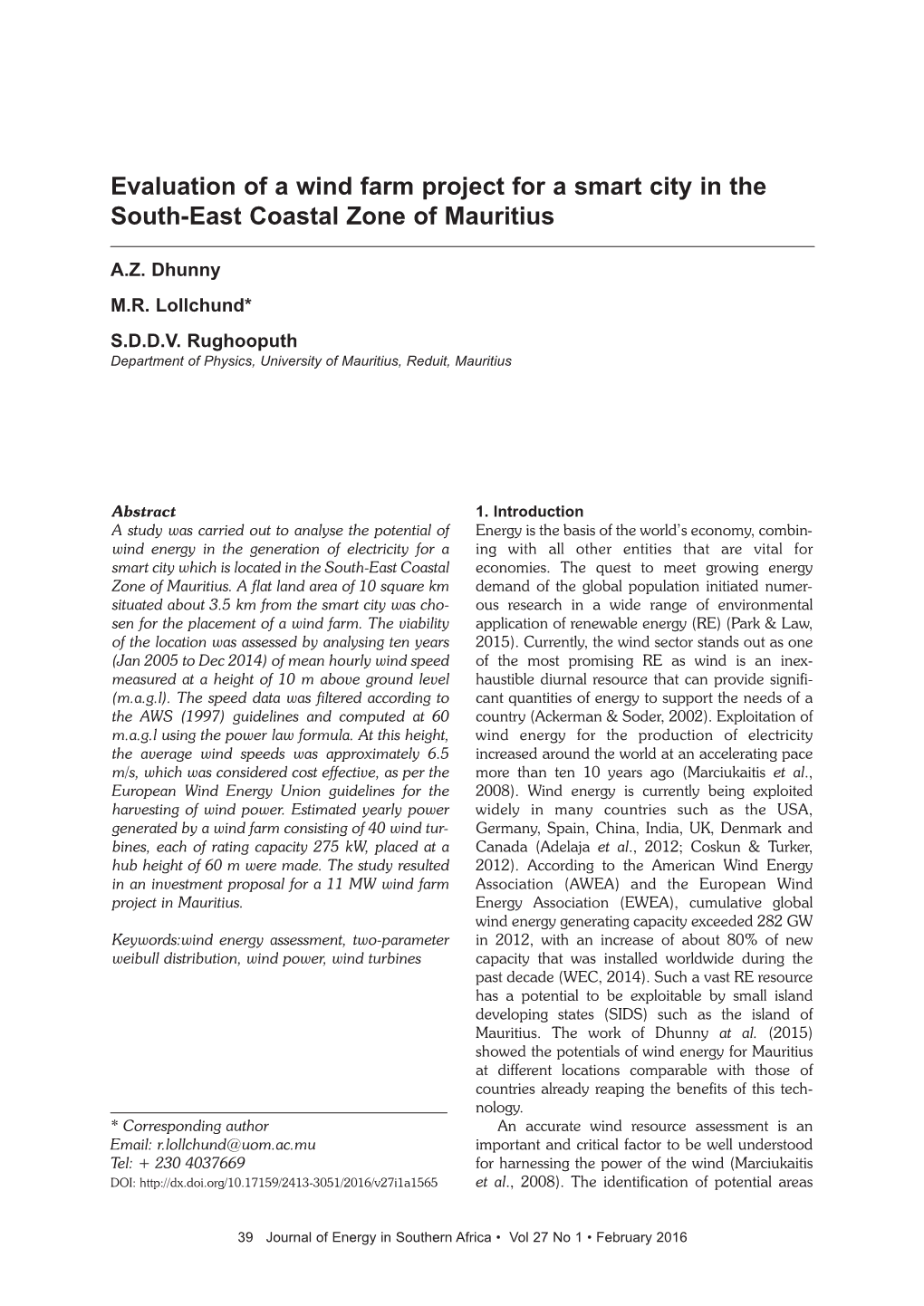 Evaluation of a Wind Farm Project for a Smart City in the South-East Coastal Zone of Mauritius
