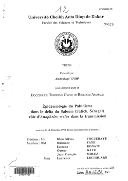 Epidémiologie Du Paludisme Dans Le Delta Du Saloum (Fatick, Sénégal