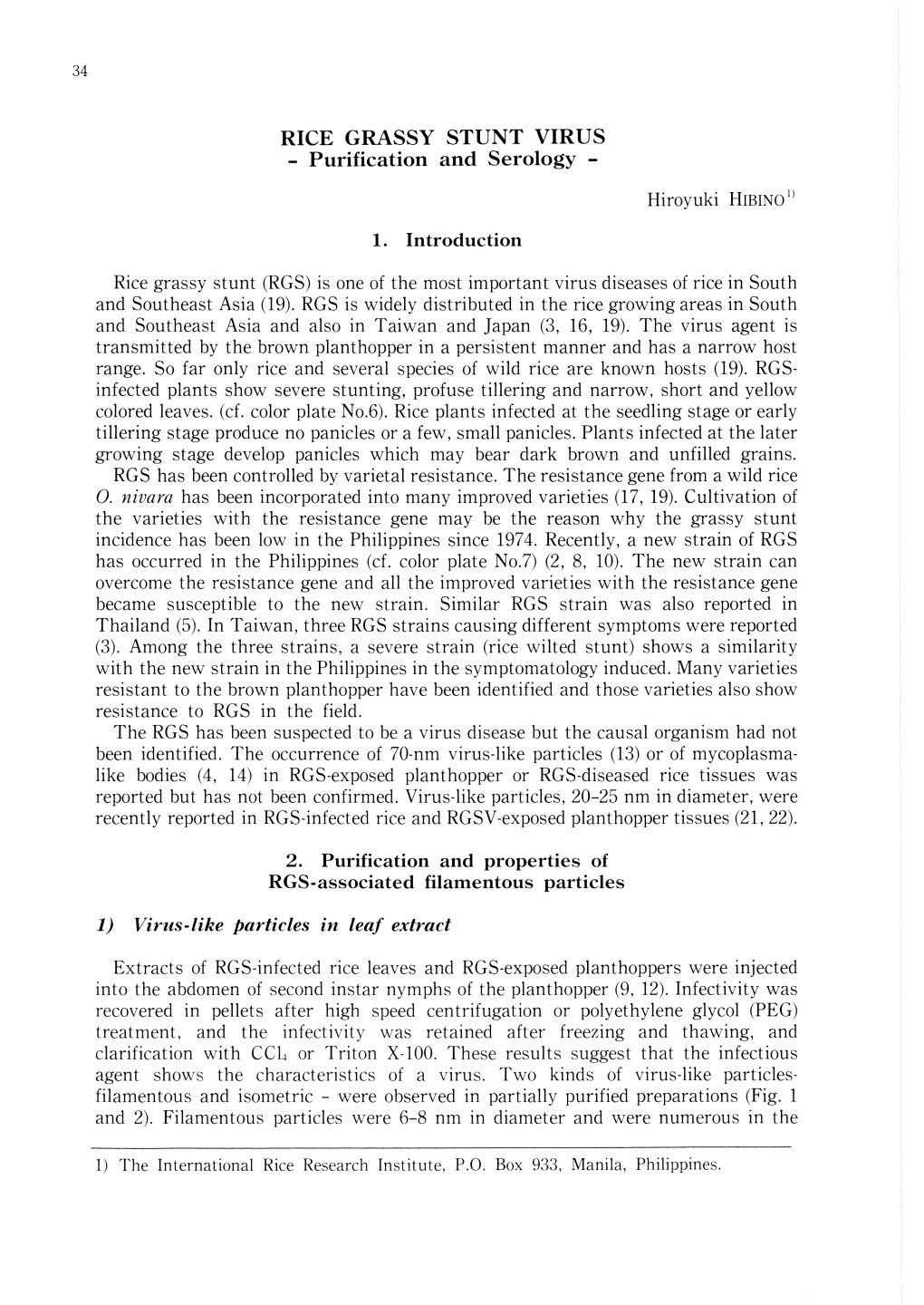 RICE GRASSY STUNT VIRUS - Purification and Serology