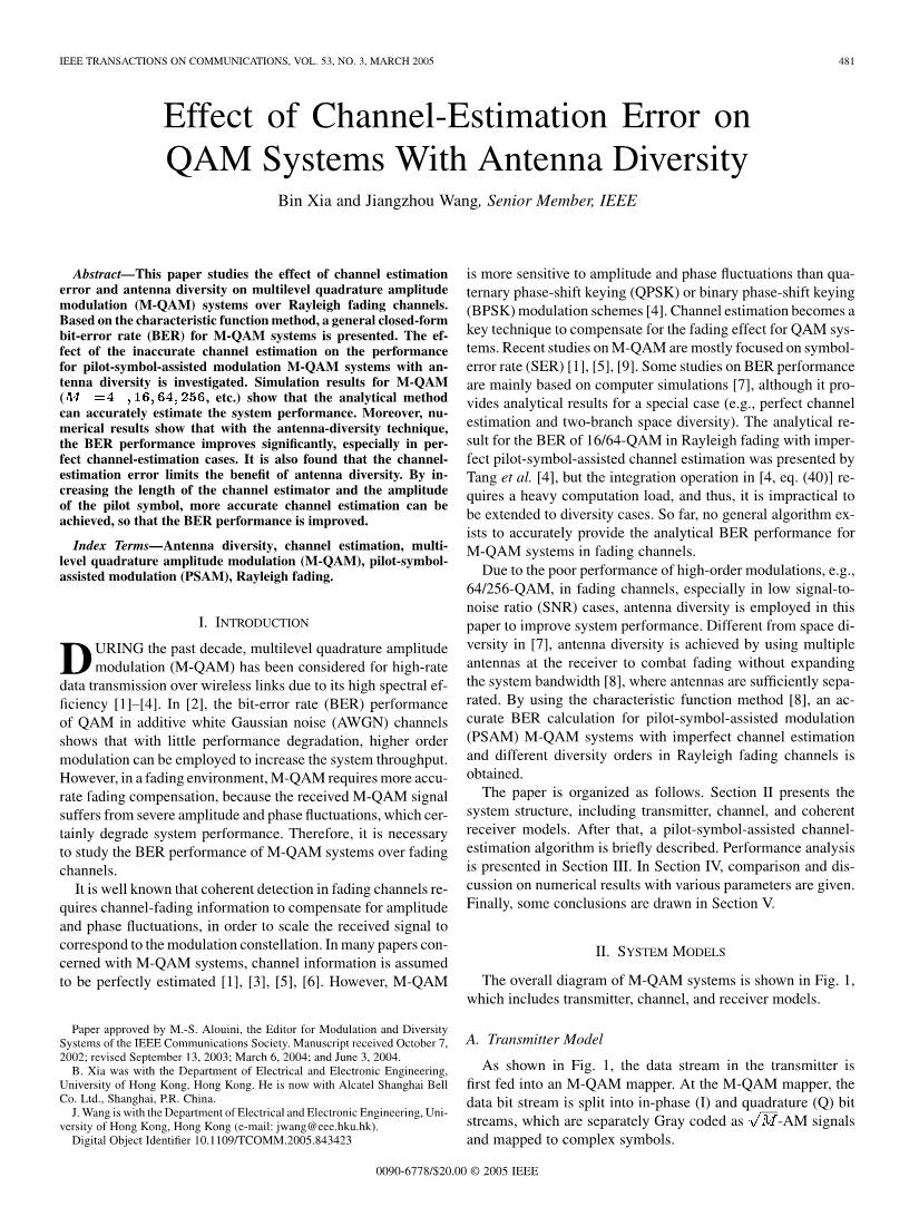 Effect of Channel-Estimation Error on QAM Systems with Antenna Diversity Bin Xia and Jiangzhou Wang, Senior Member, IEEE