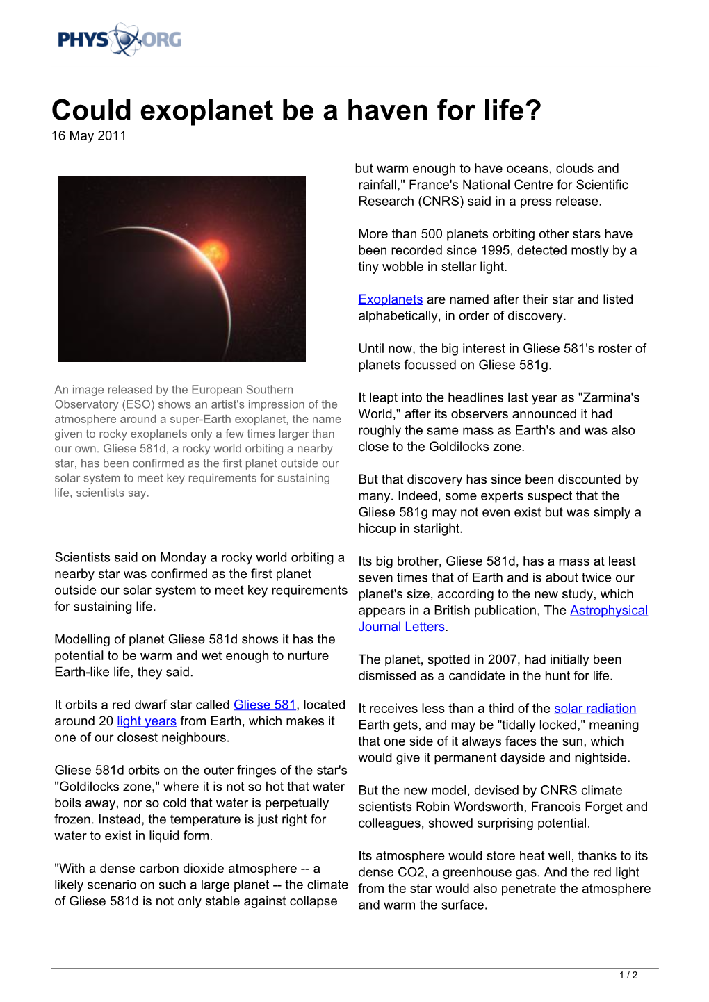 Could Exoplanet Be a Haven for Life? 16 May 2011