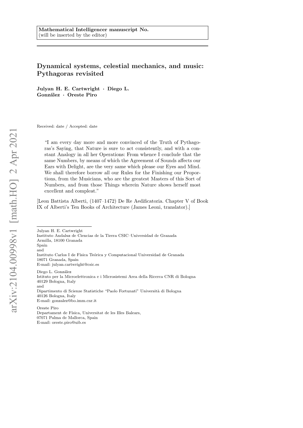 Arxiv:2104.00998V1 [Math.HO] 2 Apr 2021 Departament De F´Isica, Universitat De Les Illes Balears, 07071 Palma De Mallorca, Spain E-Mail: Oreste.Piro@Uib.Es 2 Julyan H