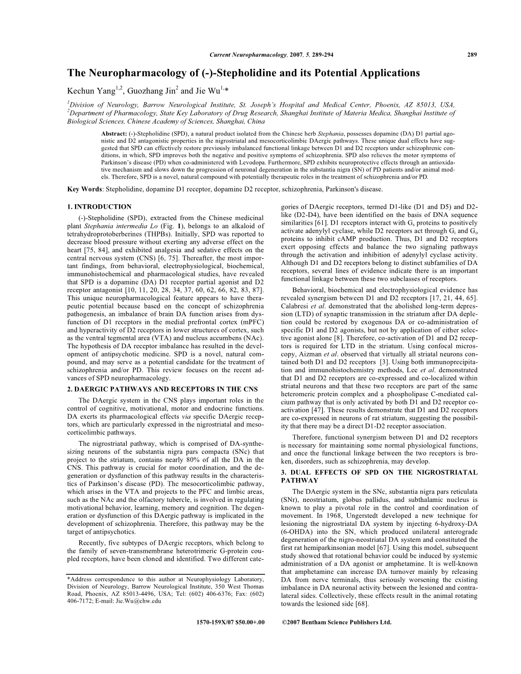 The Neuropharmacology of (-)-Stepholidine and Its Potential