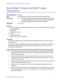 Special Right Triangles and Right Triangle Trigonometry