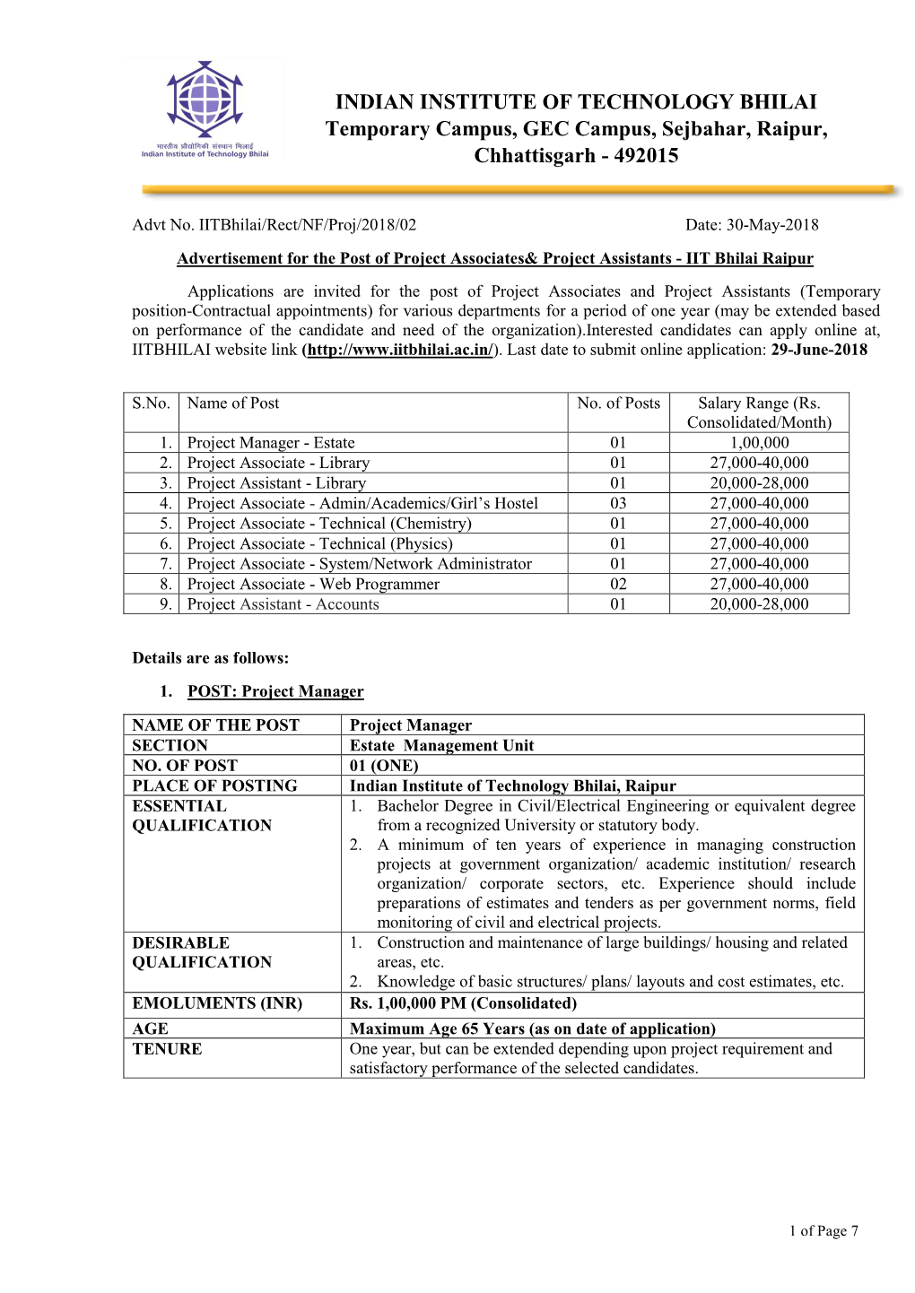 INDIAN INSTITUTE of TECHNOLOGY BHILAI Temporary Campus, GEC Campus, Sejbahar, Raipur, Chhattisgarh - 492015