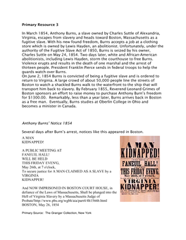 Primary Resource 3 in March 1854, Anthony Burns, a Slave Owned By