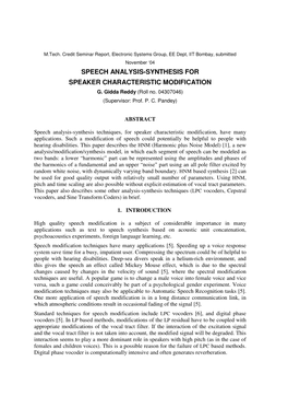 Speech Analysis-Synthesis for Speaker Characteristic Modification G