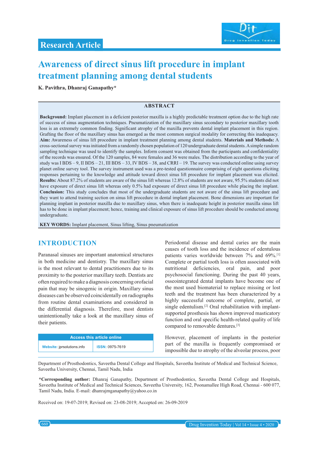 Awareness of Direct Sinus Lift Procedure in Implant Treatment Planning Among Dental Students K