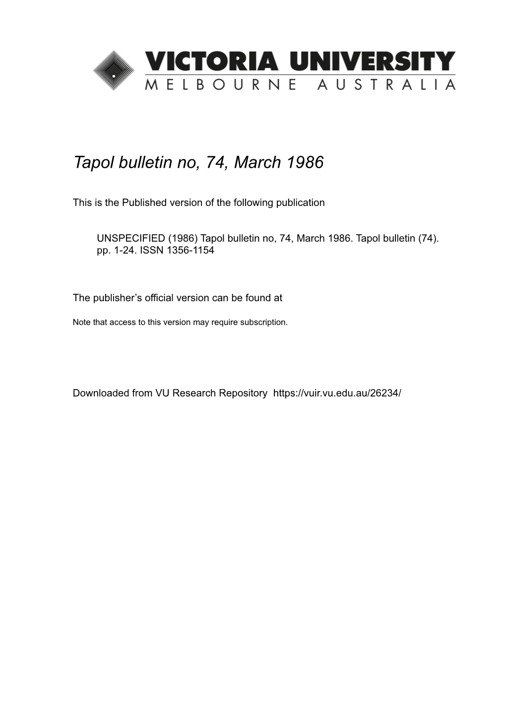 Tapol Bulletin No, 74, March 1986